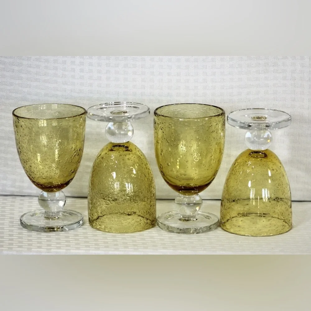 Tag Yellow Bubble Glass Goblets 10oz Hand Blown Glasses with Ball Knob Set of 4